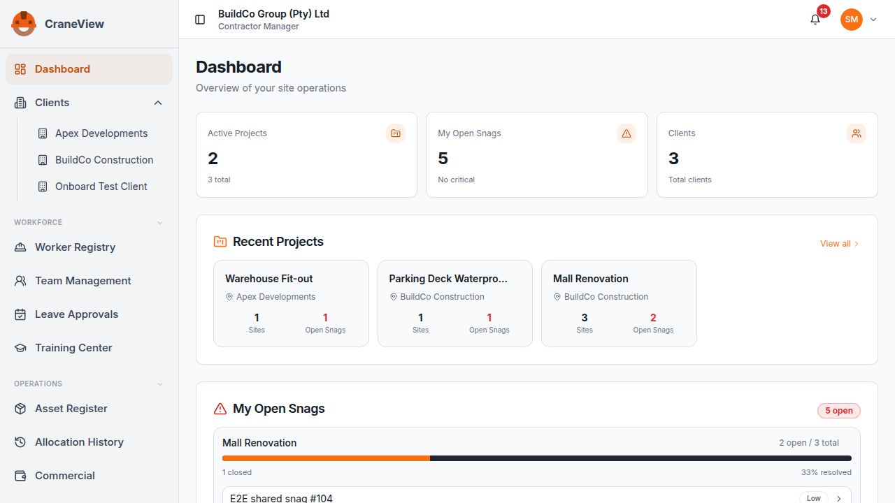 CraneView screenshot: Manager Dashboard