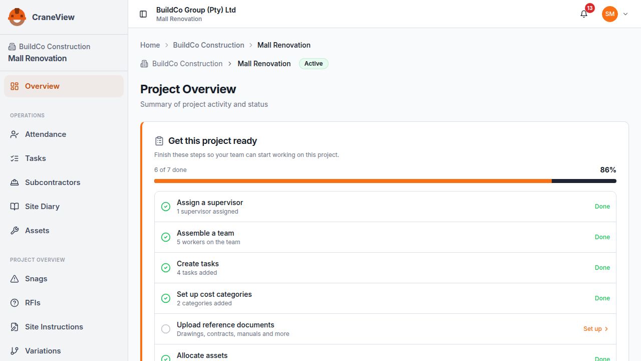 CraneView screenshot: Project Setup Checklist