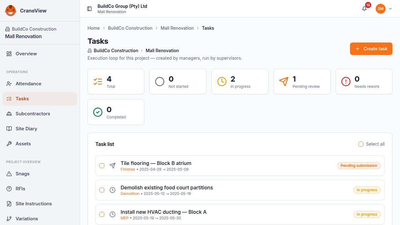 CraneView screenshot: Task Tracking
